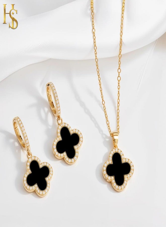 HighSpark Studded Clover Necklace with Studded Hoop Earrings for Women | Designer Jewelry Set for Women | Lovely Gift - Black - Image 5